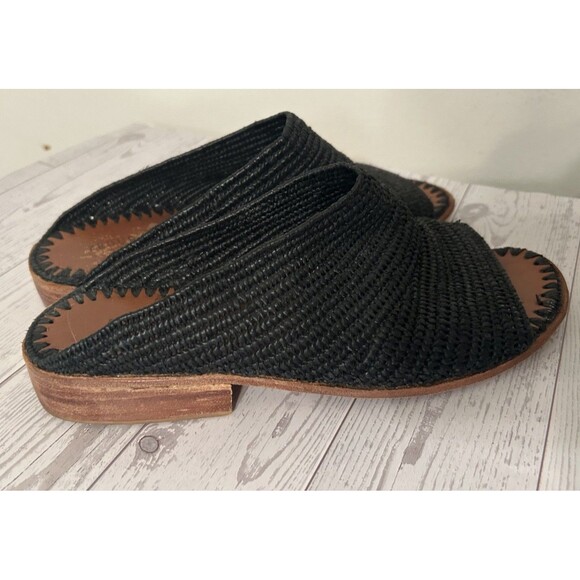 Proud Mary Open Toe Handwoven Radfia And Leather Slides Black Size 38 Or 7 To 7. - Picture 3 of 6